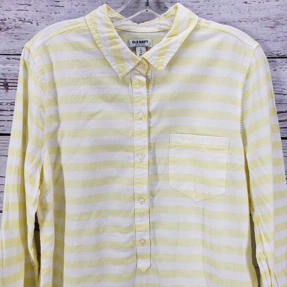 Old Navy Yellow 100%Cotton Striped Button Up Long Sleeve Top Size Large - Picture 3 of 14